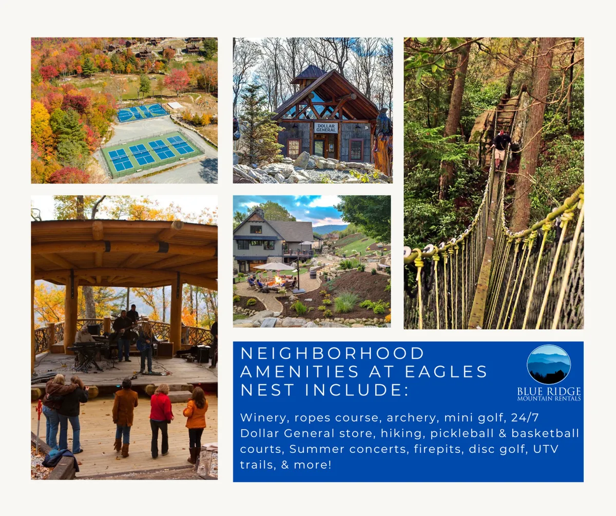 This vibrant exterior scene captures guests enjoying a lively summer concert at Eagles Nest, with friends and families gathered by the firepit and exploring lush natural surroundings. Visible are recreational activity zones and open spaces ideal for outdoor play and adventure.